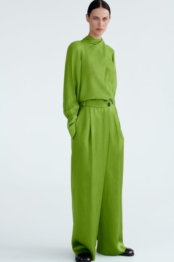 SATIN EFFECT WRAP FRONT PANTS
