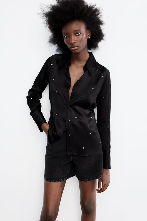 JEWEL TRIM SATIN EFFECT SHIRT