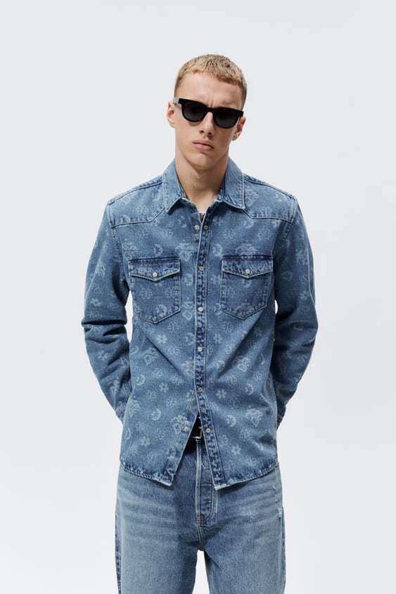 GEOMETRIC PRINT DENIM OVERSHIRT