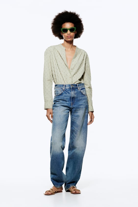 LACE TRIM DOTTED MESH BLOUSE