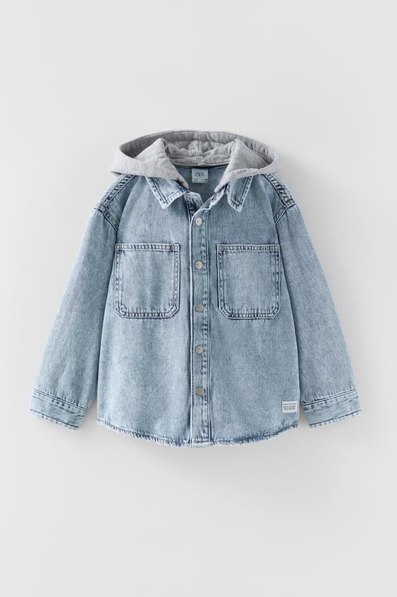 REMOVABLE HOOD WASHED DENIM OVERSHIRT