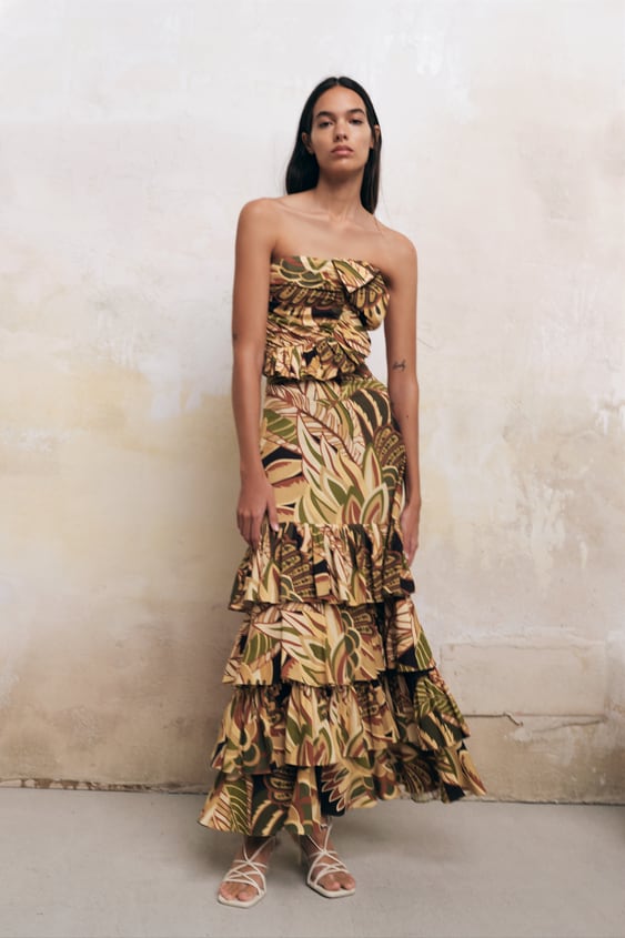 LINEN BLEND RUFFLED PRINTED SKIRT