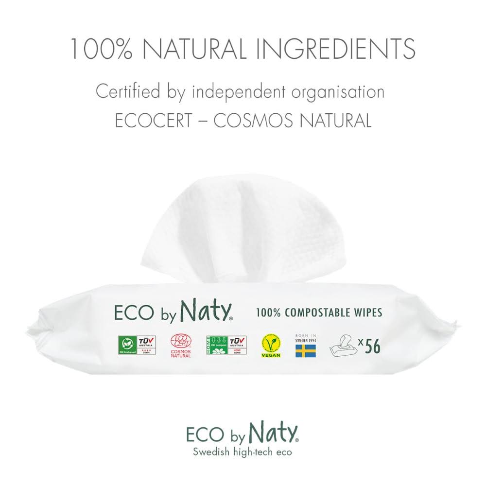 Naty by Nature Babycare Eco Baby Wipes, Resealable Pack, Unscented, 56 Ct