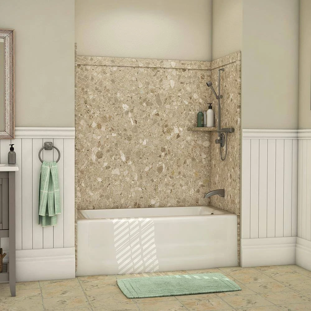 FlexStone Elite 32 in. x 60 in. x 60 in. 9-Piece Easy Up Adhesive Alcove Tub Surround in Petrafini