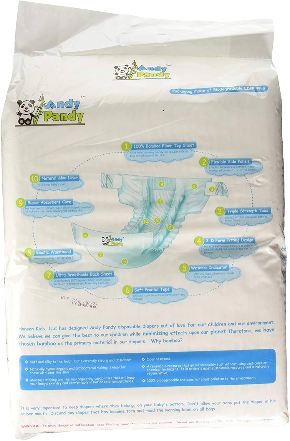 Eco Friendly Premium Bamboo Disposable Diapers by Andy Pandy - Large - for Babies Weighing 20-31 lbs - 70 Count