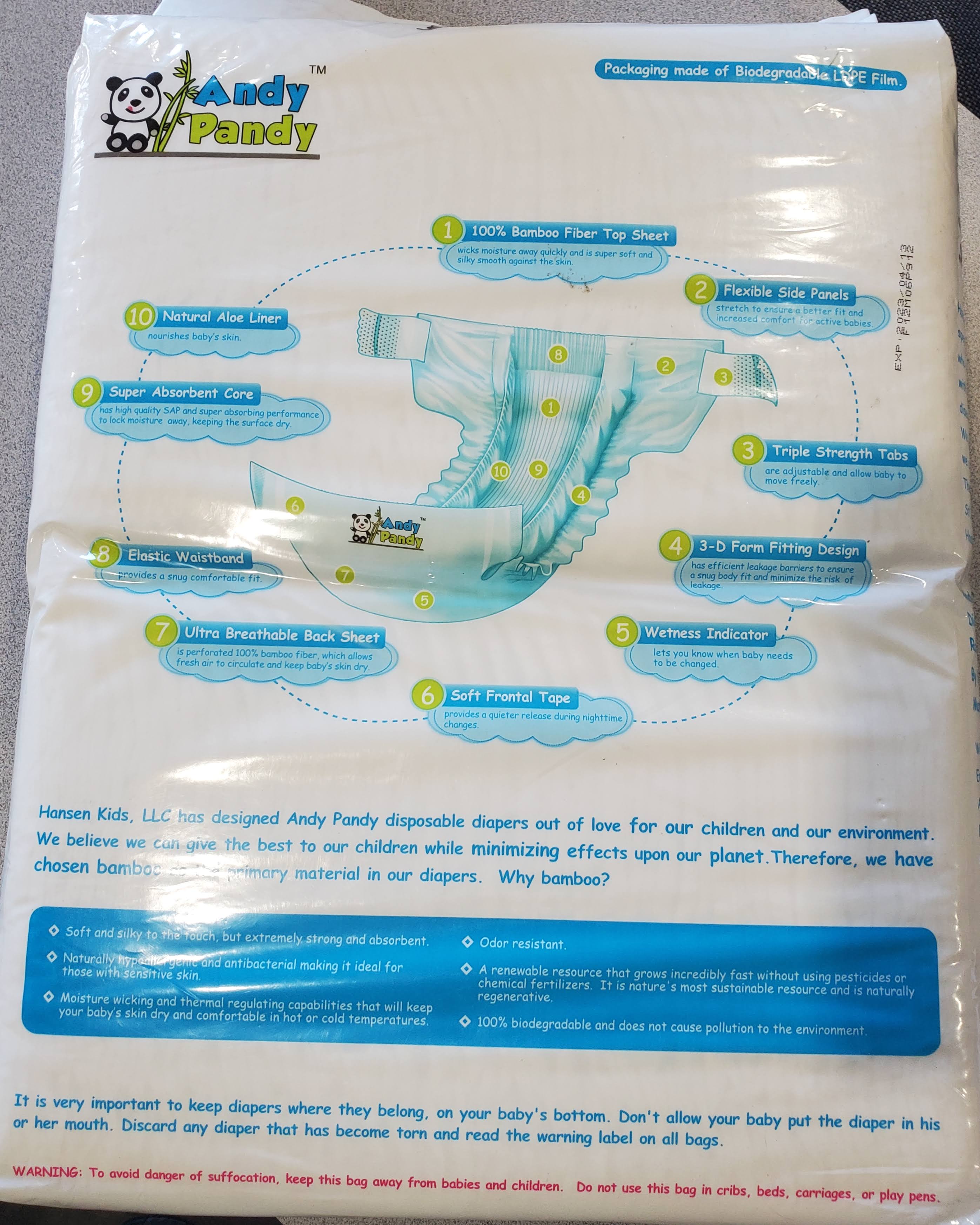 Eco Friendly Premium Bamboo Disposable Diapers by Andy Pandy - Large - for Babies Weighing 20-31 lbs - 70 Count