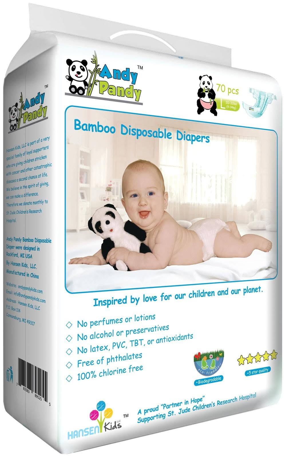 Eco Friendly Premium Bamboo Disposable Diapers by Andy Pandy - Large - for Babies Weighing 20-31 lbs - 70 Count