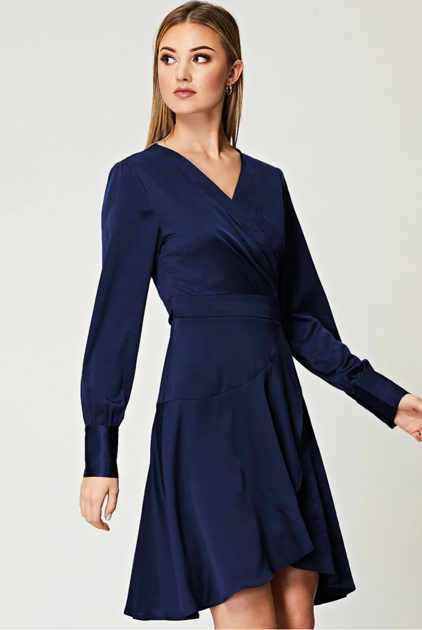 Angeleye Navy Satin Dress with Ruffle Hem