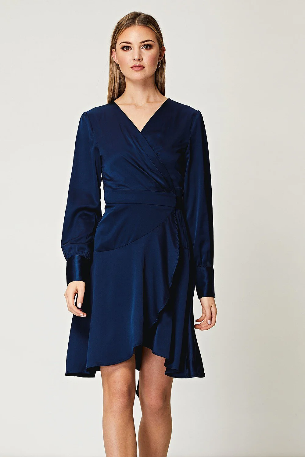Angeleye Navy Satin Dress with Ruffle Hem
