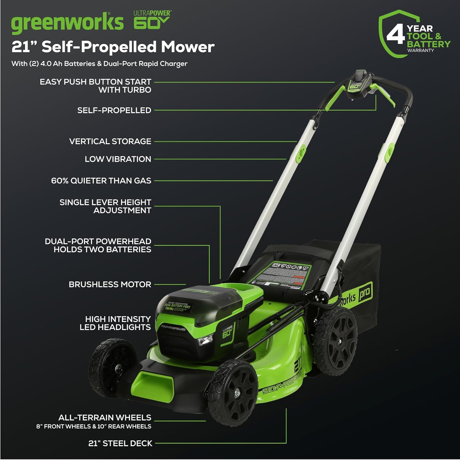 Greenworks 60V 21” Cordless (Self-Propelled) Lawn Mower , 2 x 4.0Ah Batteries and Dual Port Rapid Charger  sgtnighsdesigns