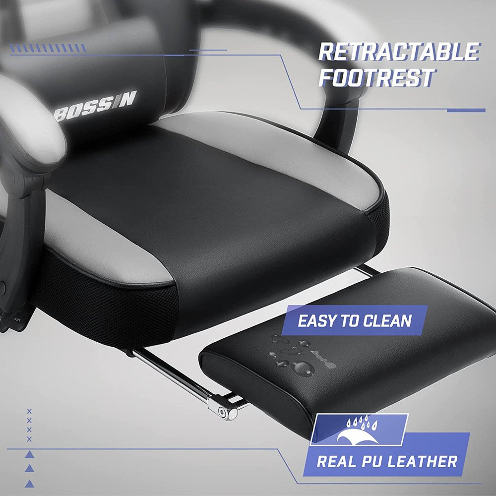 BOSSIN Ergonomic Gaming Chair with Footrest, Headrest & Lumbar Support, Reclines 90-155°, PU Leather, 300 lbs Capacity