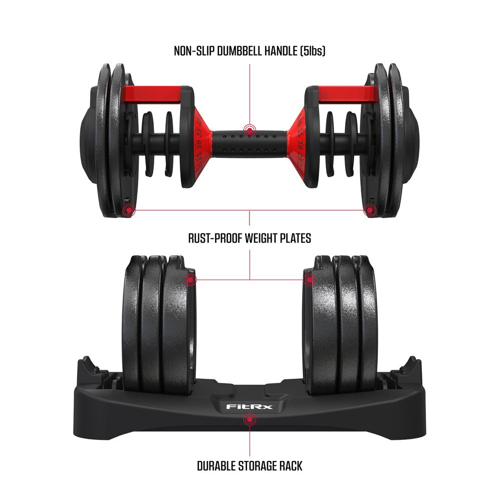 FitRx Smart Bell Adjustable Dumbbell 5-52.5 lbs, Quick-Select, Anti-Slip Handle, Home Gym Equipment