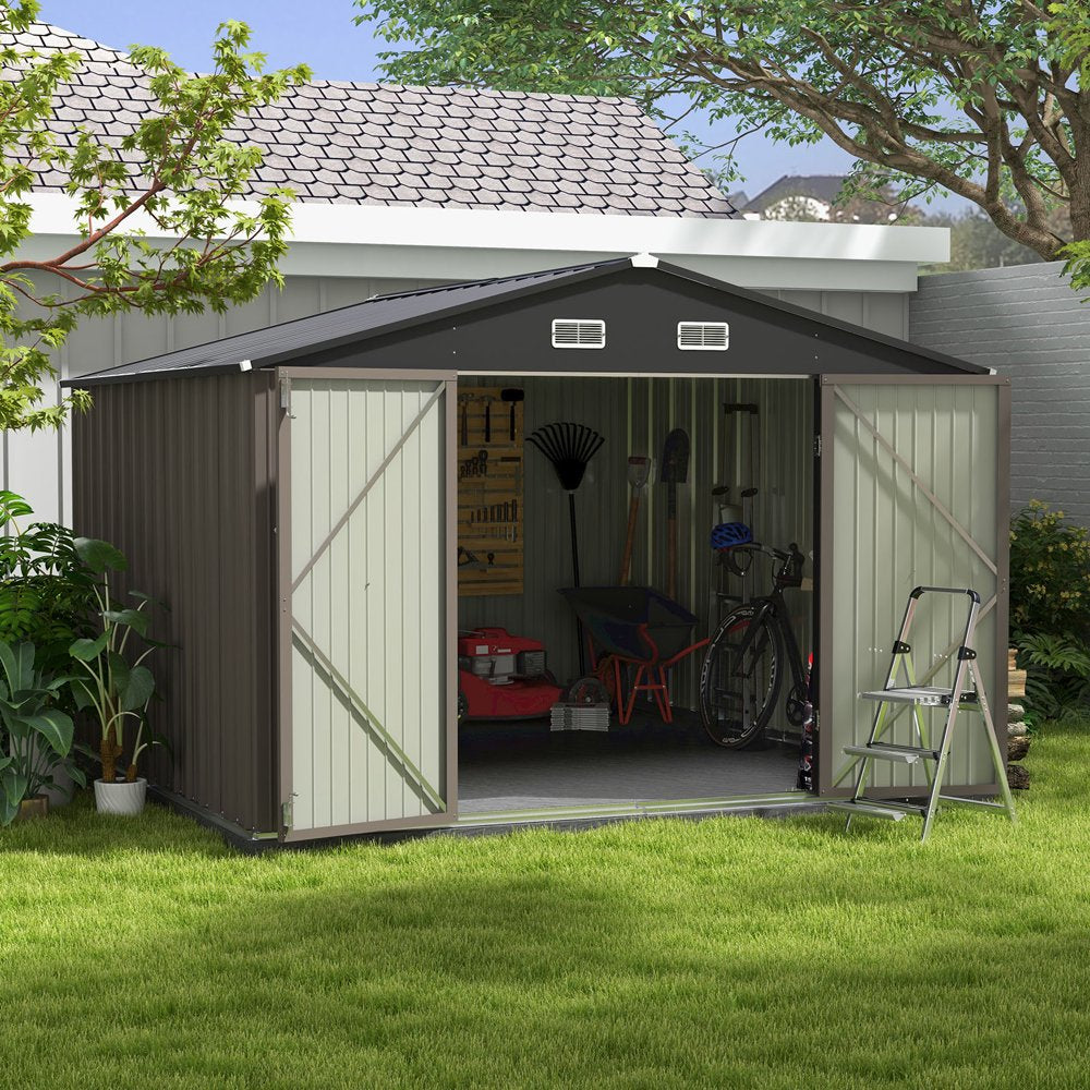 Patiowell 10×10 ft Metal Outdoor Storage Shed, Sloping Roof, Double Lockable Doors, Coffee Brown