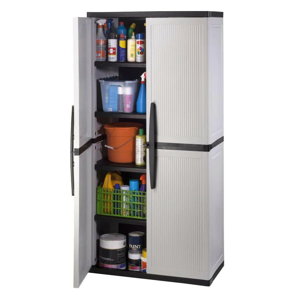 HDX Gray Plastic Freestanding Garage Cabinet, 35′′W x 71′′H x 18′′D, with Adjustable Shelves and Lockable Doors