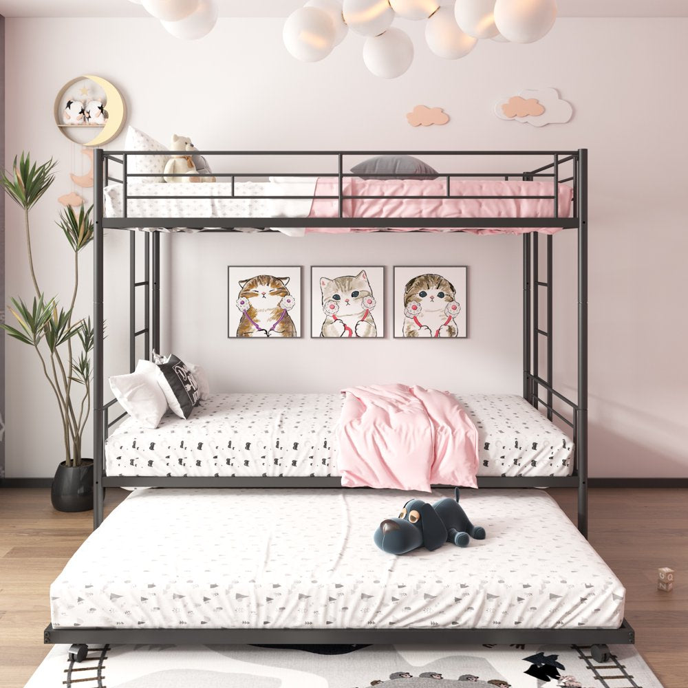 Uhomepro Twin Over Twin Metal Bunk Bed with Trundle, Steel Frame, Black/Silver, for Kids & Teens