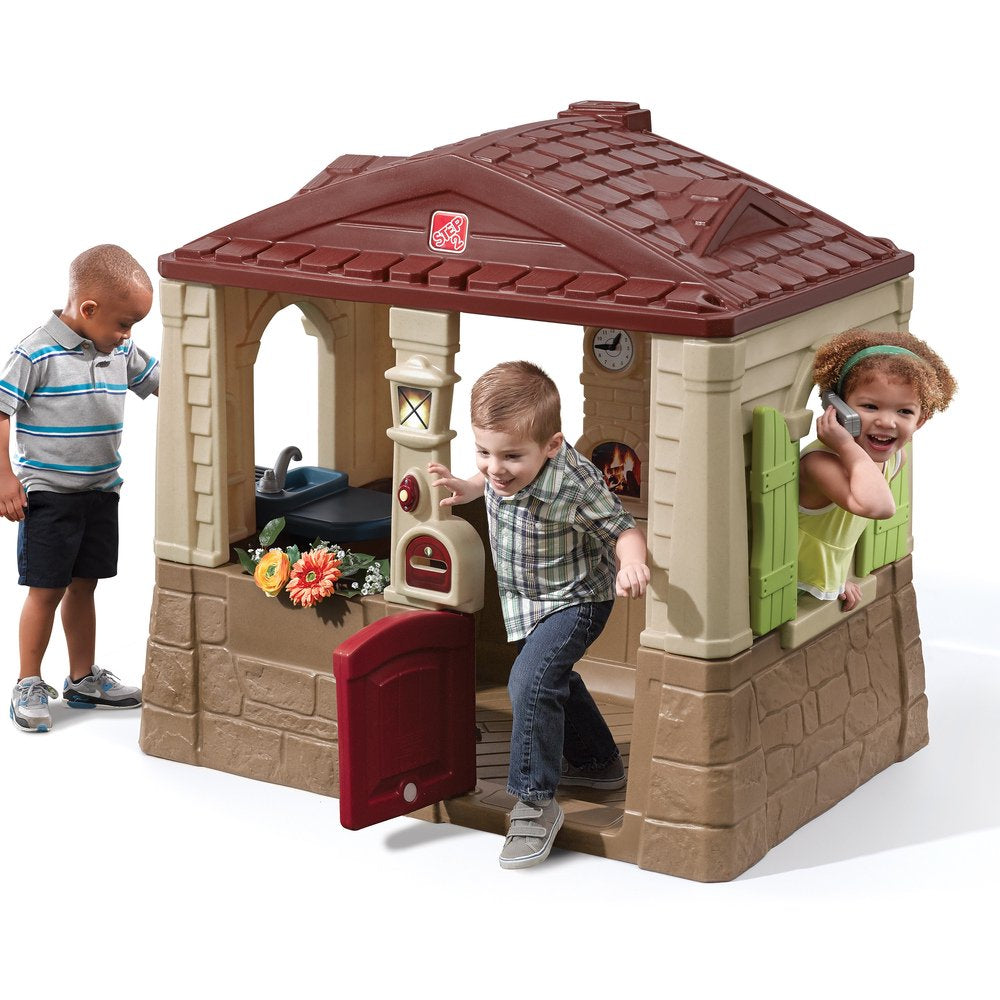 Step2 Neat & Tidy Cottage II Brown Playhouse for Kids – Outdoor Plastic Toy House with Dutch Door & Kitchen