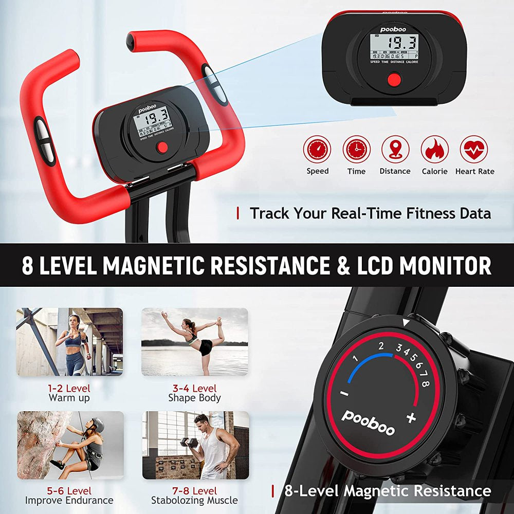 Pooboo X819 Foldable Exercise Bike, 8-Level Magnetic Resistance, LCD Monitor, 300-350lb Capacity, Indoor Cycling Fitness Equipment