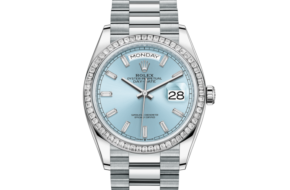 Lady Rolex DAY-DATE 36 128396TBR Ice Blue Baguette Index Replica