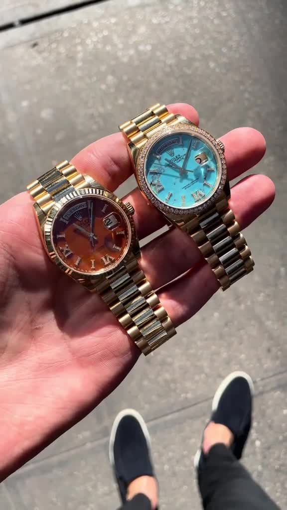 Rolex Day-Date 128348RBR Yellow Gold Diamond Bezel Turquoise Diamond Dial