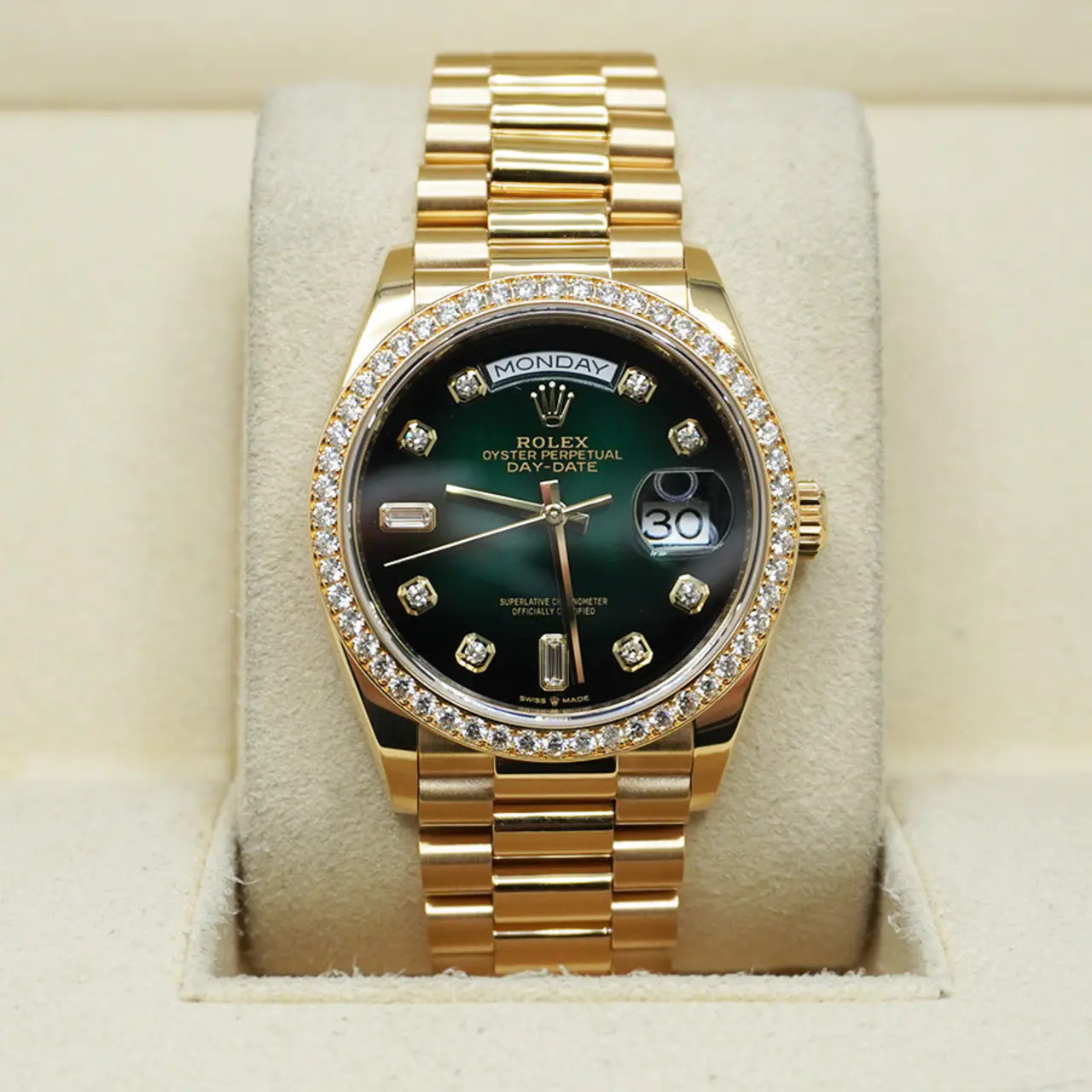 Rolex Day Date 36mm - Ref: 128348rbr-0035 - Green Ombre Diamond Dial & Diamond Bezel, 18K Yellow Gold President Bracelet Watch