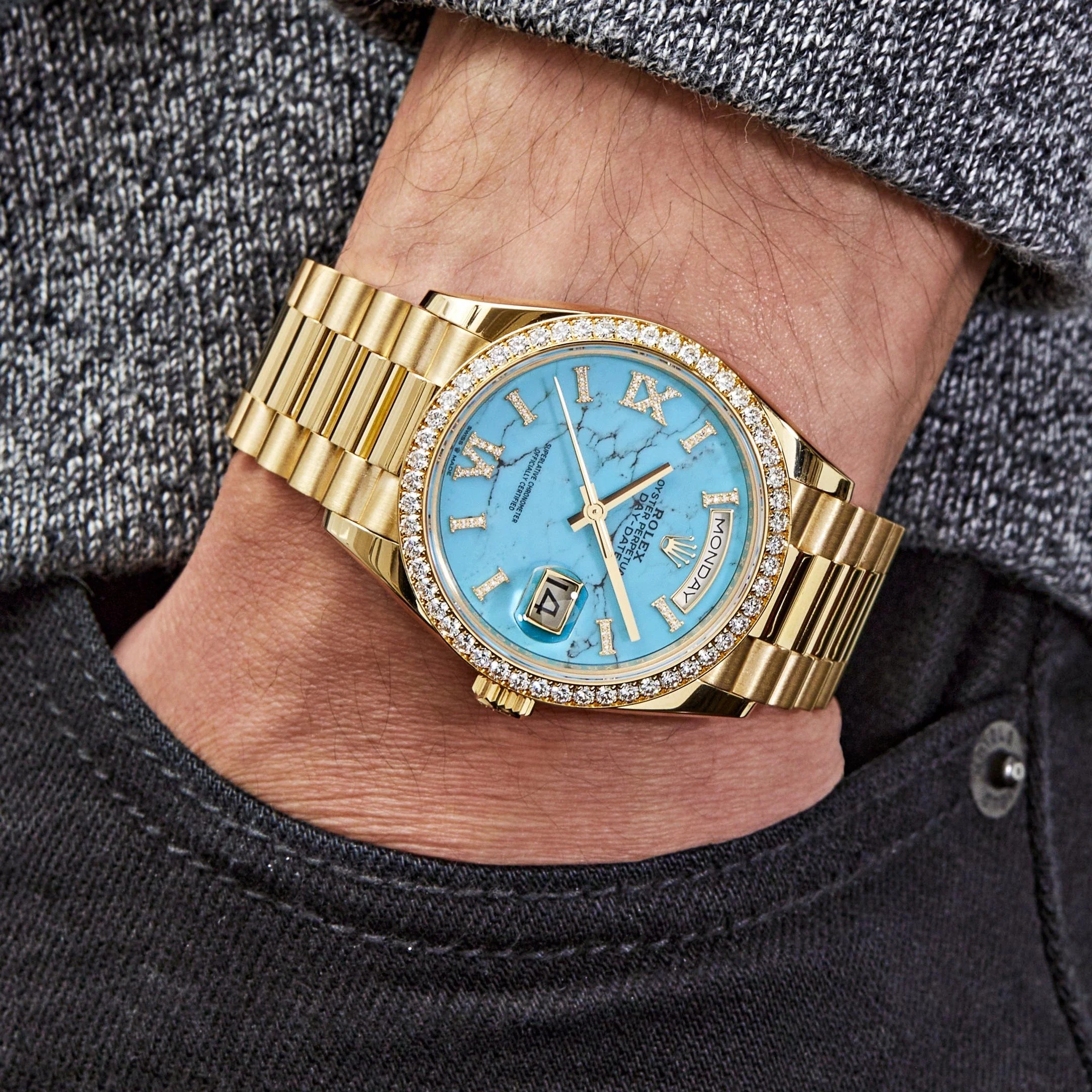 Rolex Day-Date 128348RBR Yellow Gold Diamond Bezel Turquoise Diamond Dial