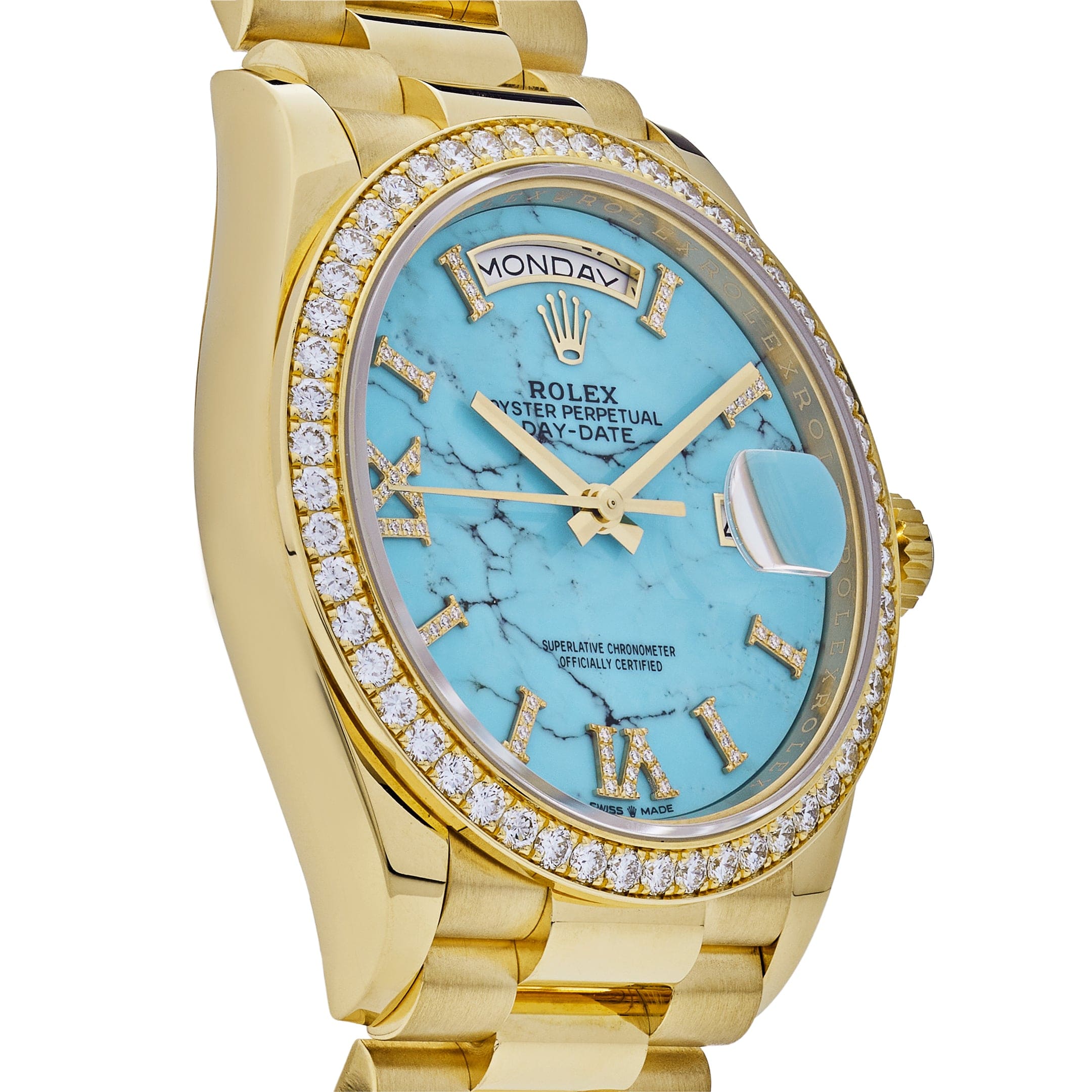 Rolex Day-Date 128348RBR Yellow Gold Diamond Bezel Turquoise Diamond Dial