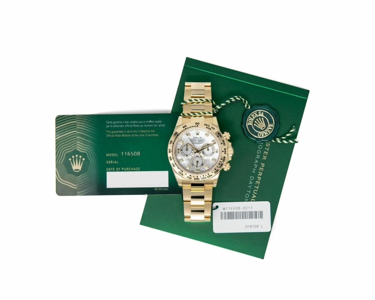 Rolex Cosmograph Daytona White Mother of Pearl Diamond Dial, Yellow Gold, 116508
