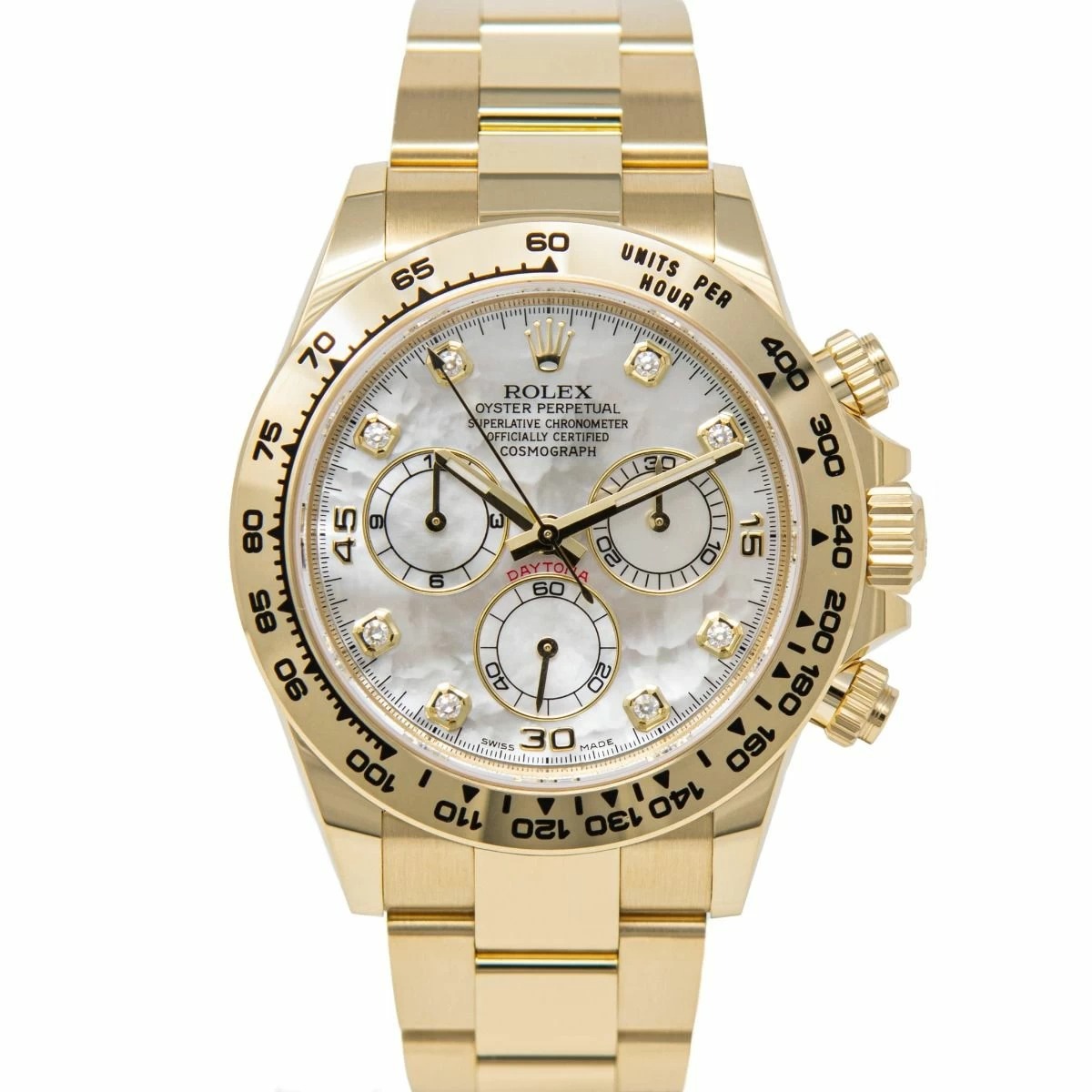 Rolex Cosmograph Daytona White Mother of Pearl Diamond Dial, Yellow Gold, 116508