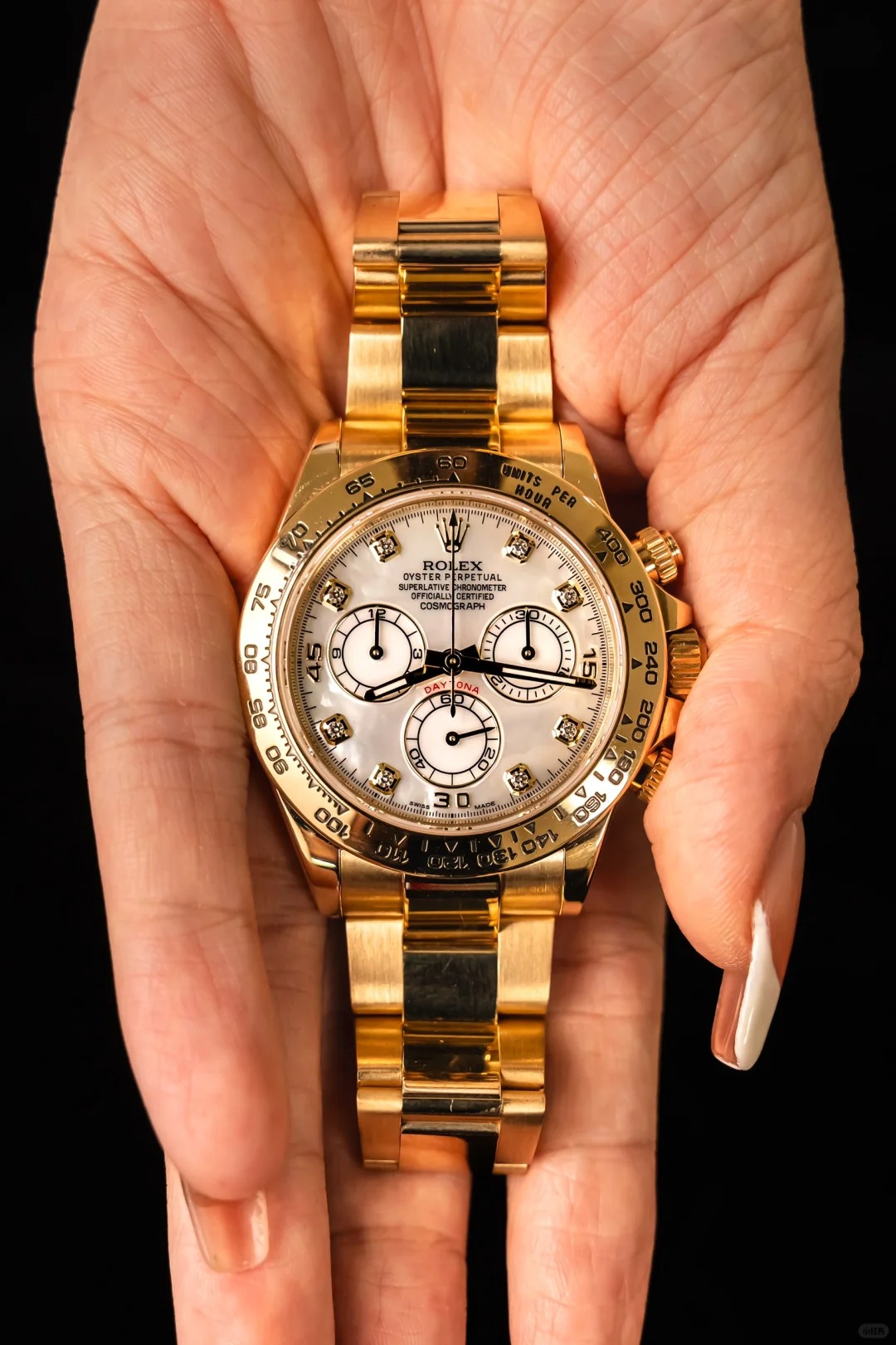 Rolex Cosmograph Daytona White Mother of Pearl Diamond Dial, Yellow Gold, 116508
