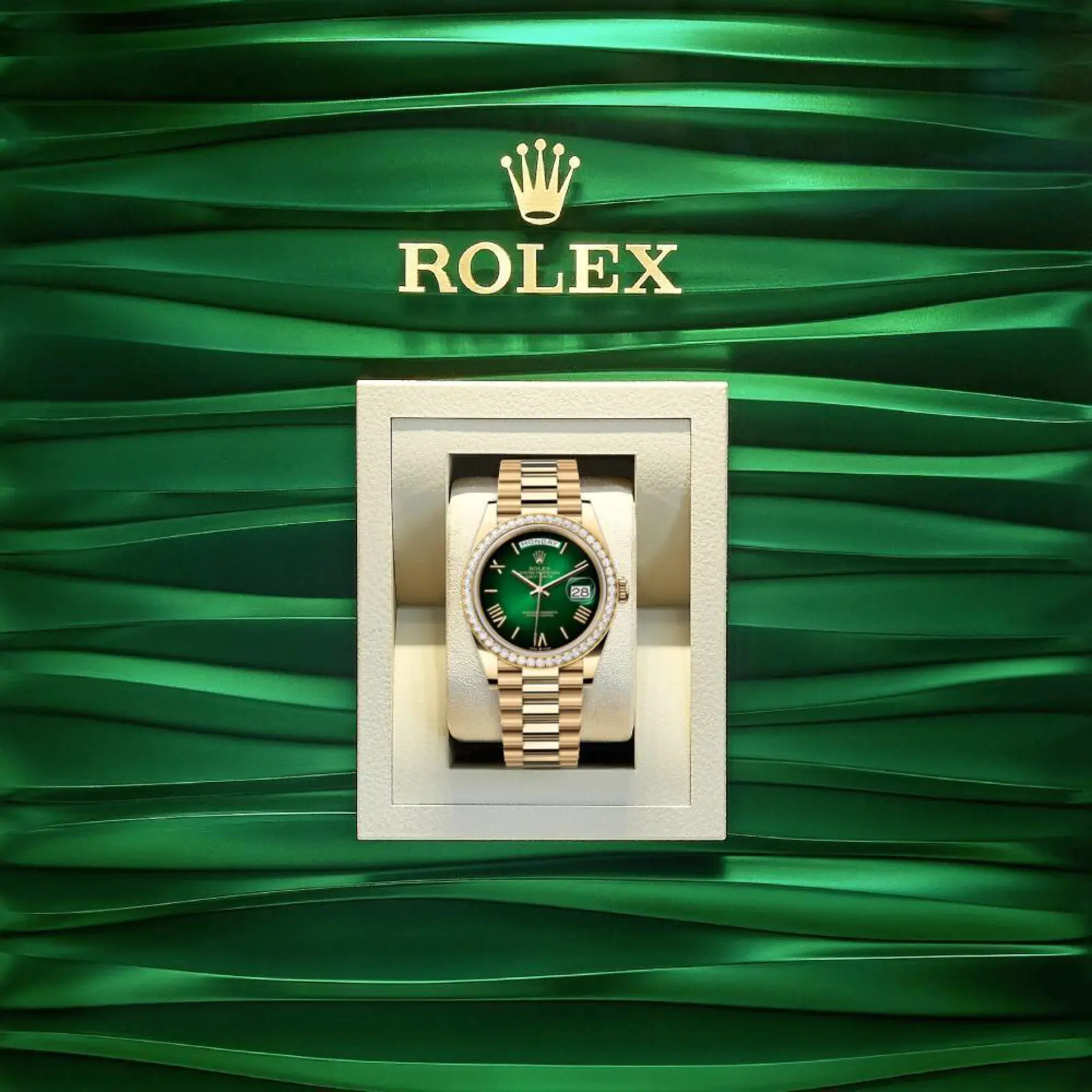 Rolex Day-Date 228348RBR Yellow Gold Green Ombre Roman Numeral Dial Diamond Bezel Replica