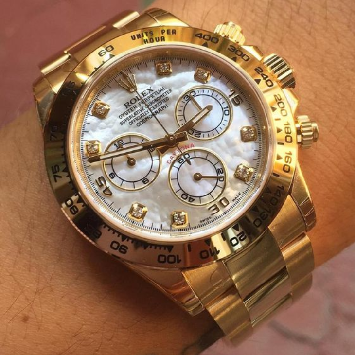 Rolex Cosmograph Daytona White Mother of Pearl Diamond Dial, Yellow Gold, 116508