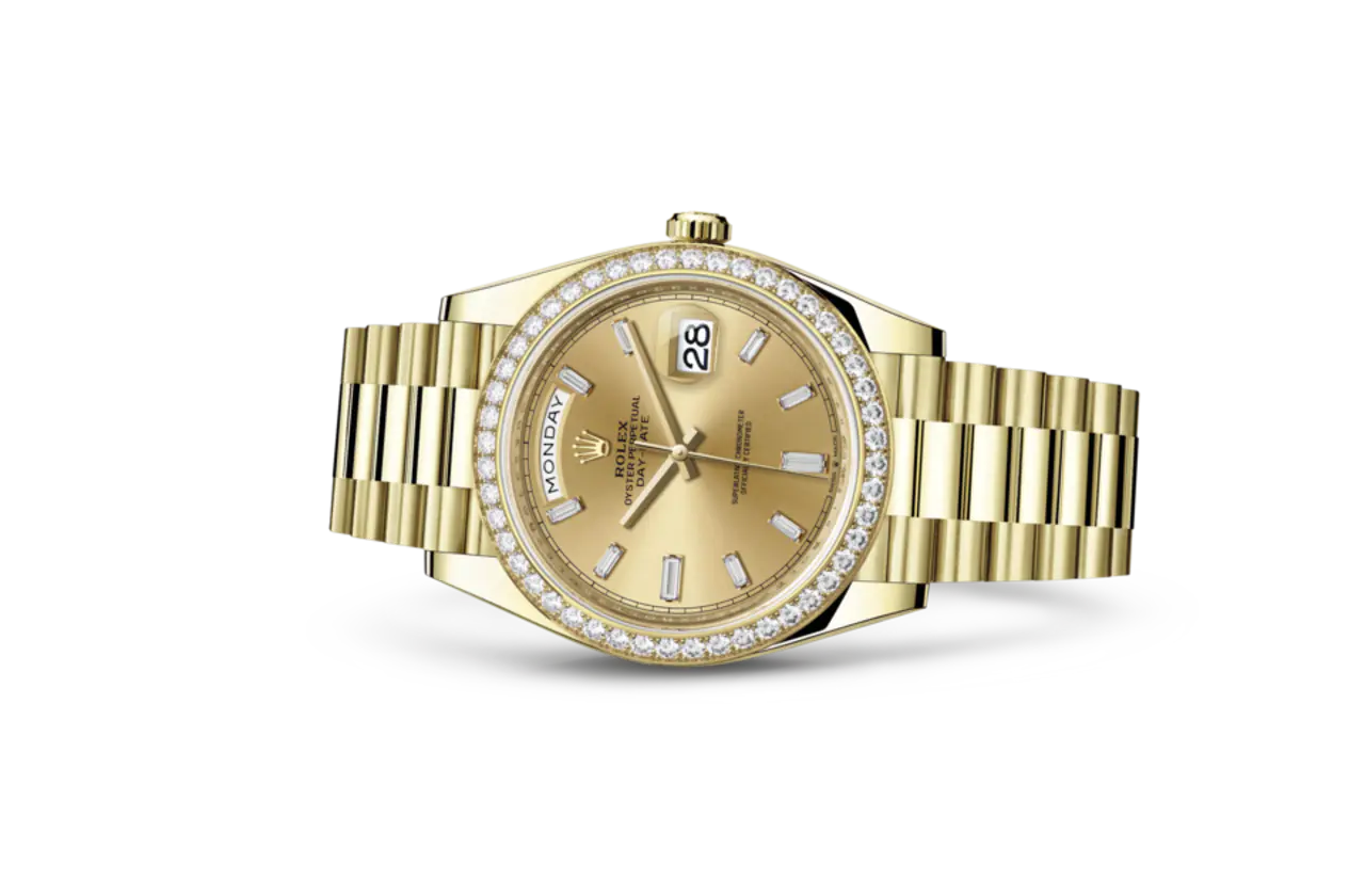 Rolex Day-Date 228348RBR Yellow Gold Diamond Bezel Champagne Diamond Dial