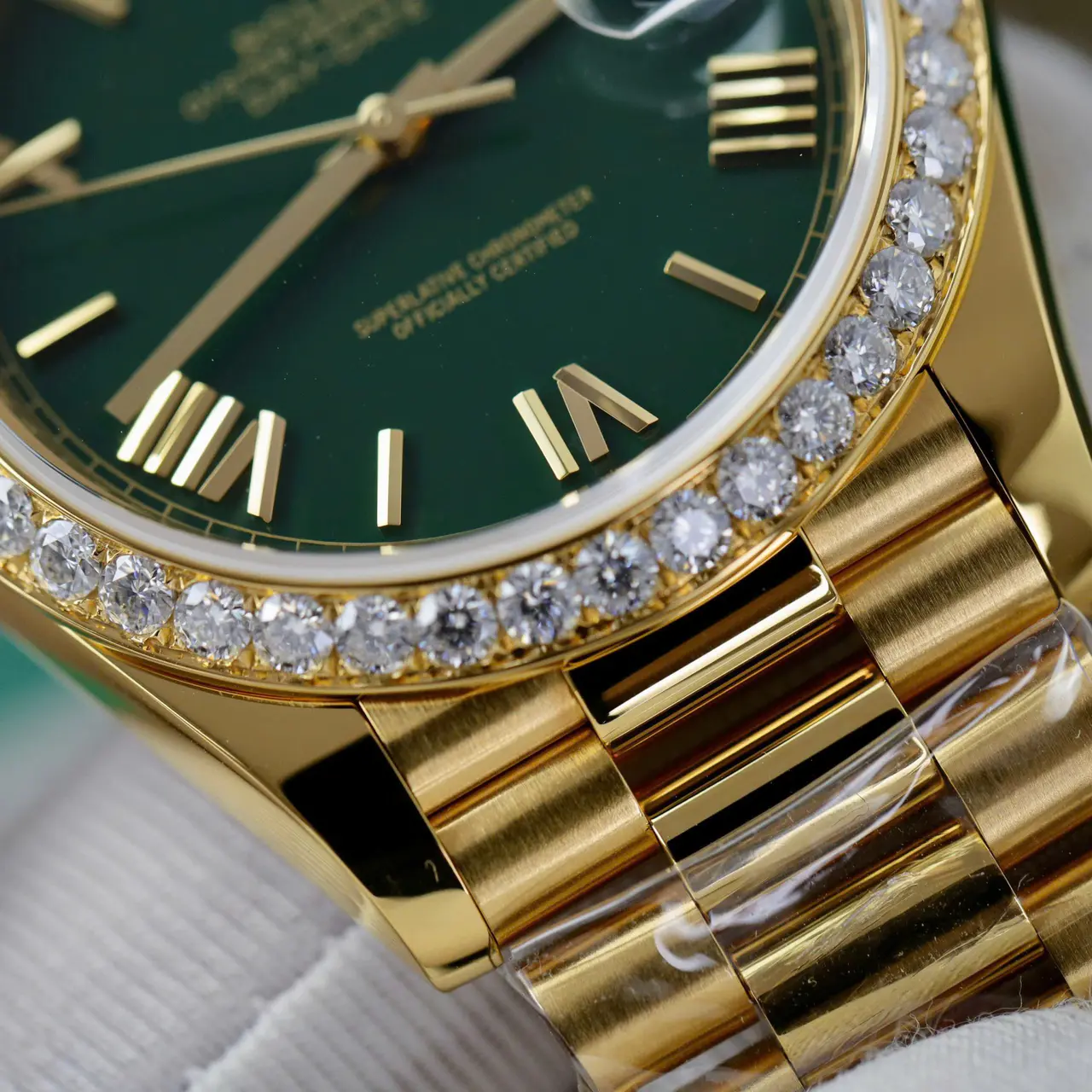 Rolex Day-Date 228348RBR Yellow Gold Green Ombre Roman Numeral Dial Diamond Bezel Replica