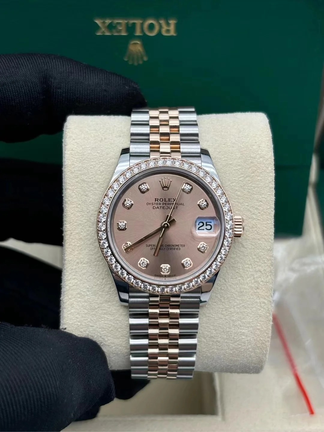 Rolex Datejust 31 Chocolate Diamonds Dial Diamond Bezel Rose Gold Two Tone Jubilee Watch 278381RBR 278381