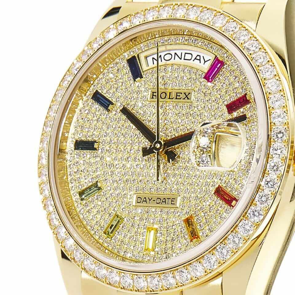 Rolex Day-Date Yellow Gold Diamond-Paved Dial Diamond Bezel Women's Watch M128348RBR-0030