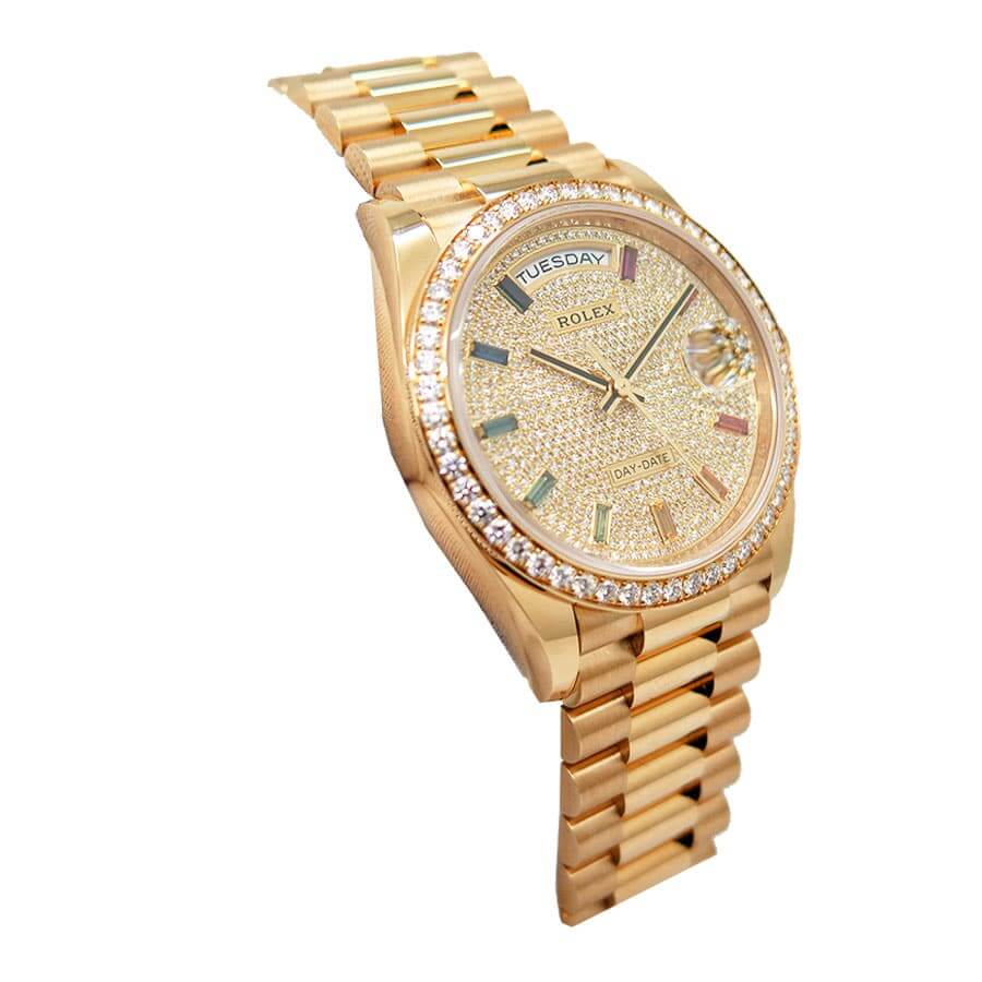 Rolex Day-Date Yellow Gold Diamond-Paved Dial Diamond Bezel Women's Watch M128348RBR-0030