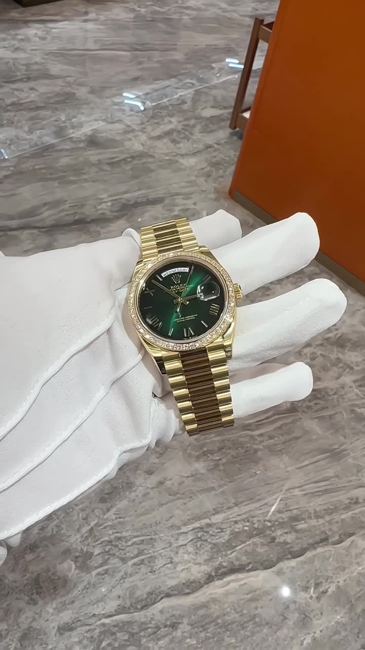 Rolex Day Date 36mm - Ref: 128348rbr-0035 - Green Ombre Diamond Dial & Diamond Bezel, 18K Yellow Gold President Bracelet Watch
