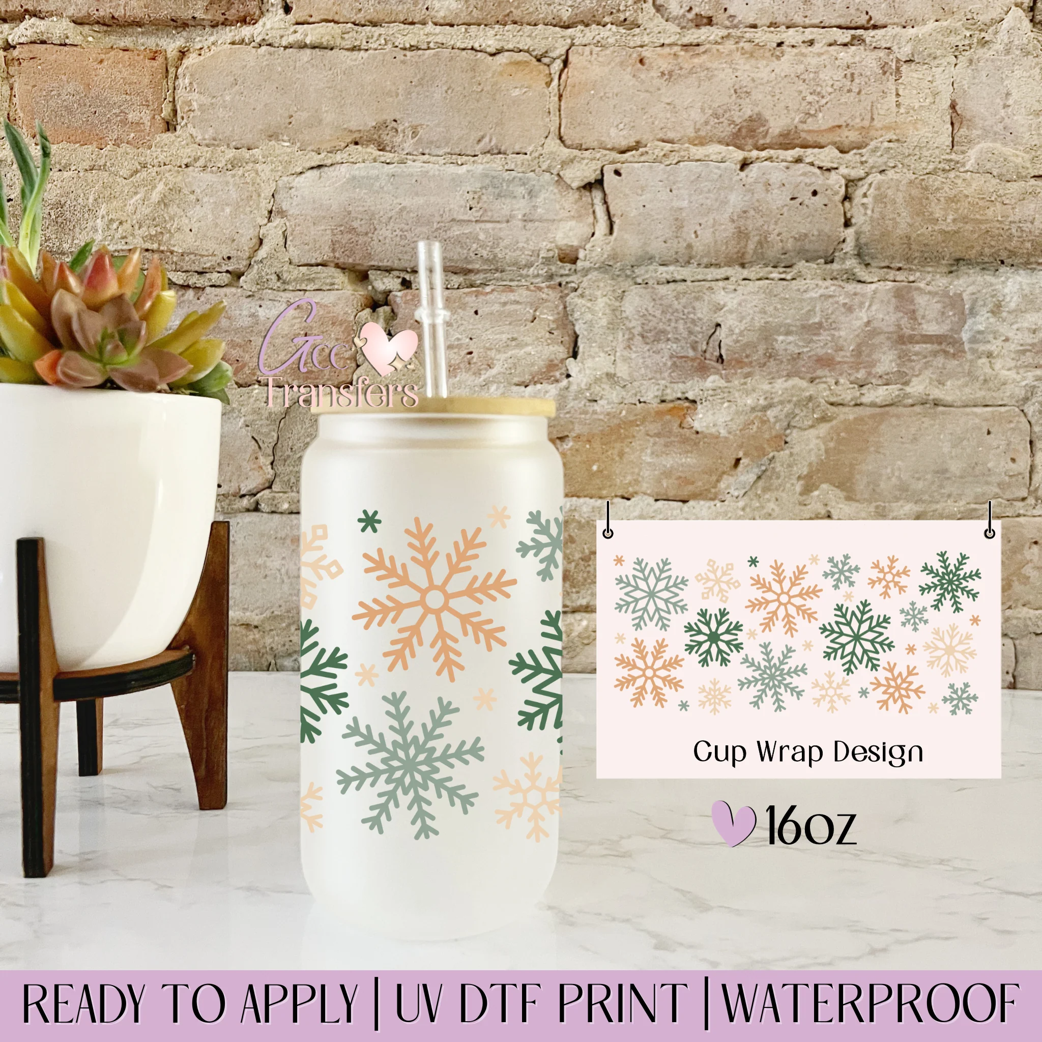 Green Beige Snowflakes - 16oz cup