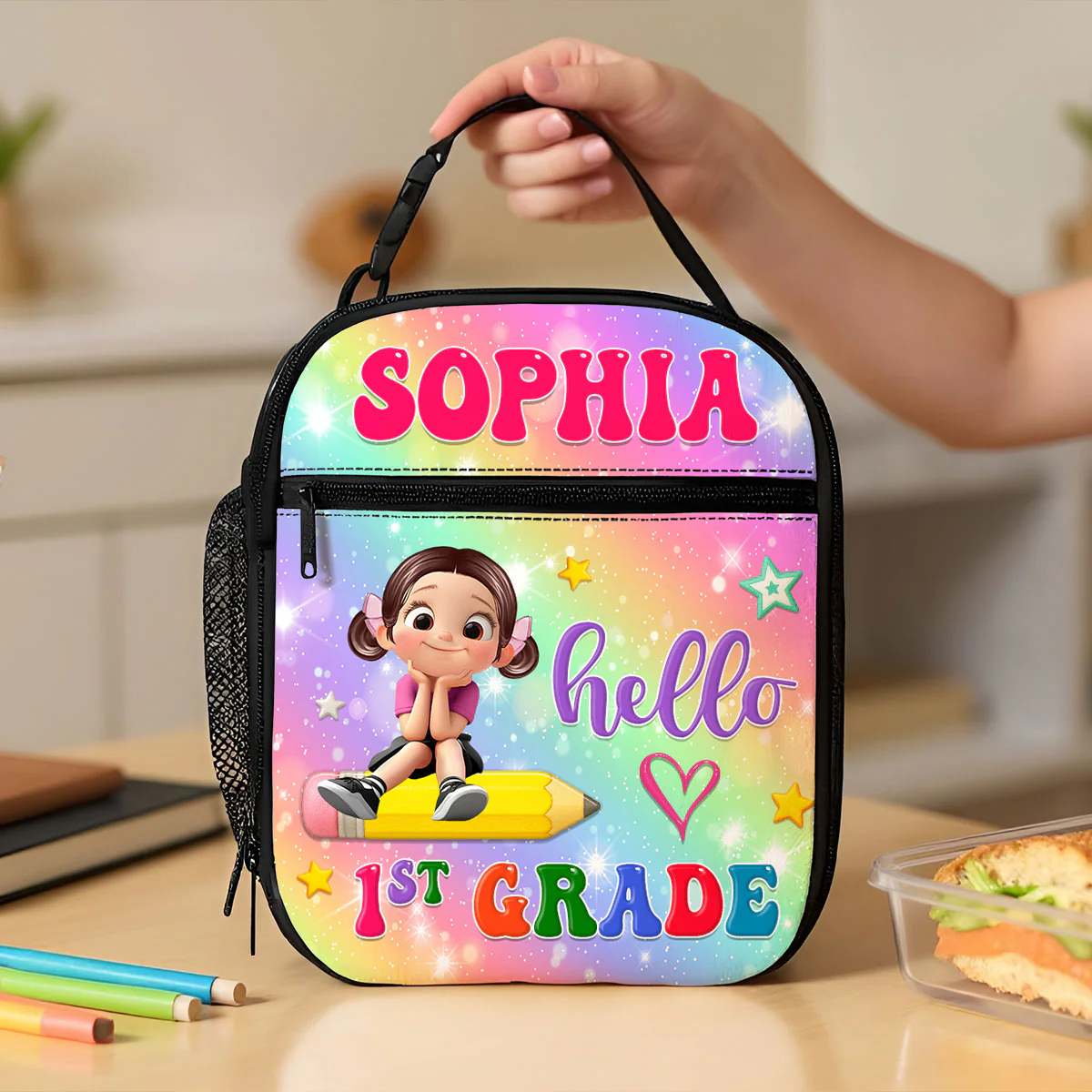 Kid Sitting On Pencil Personalized Insulated Kid Lunch Bag, Back To School gift