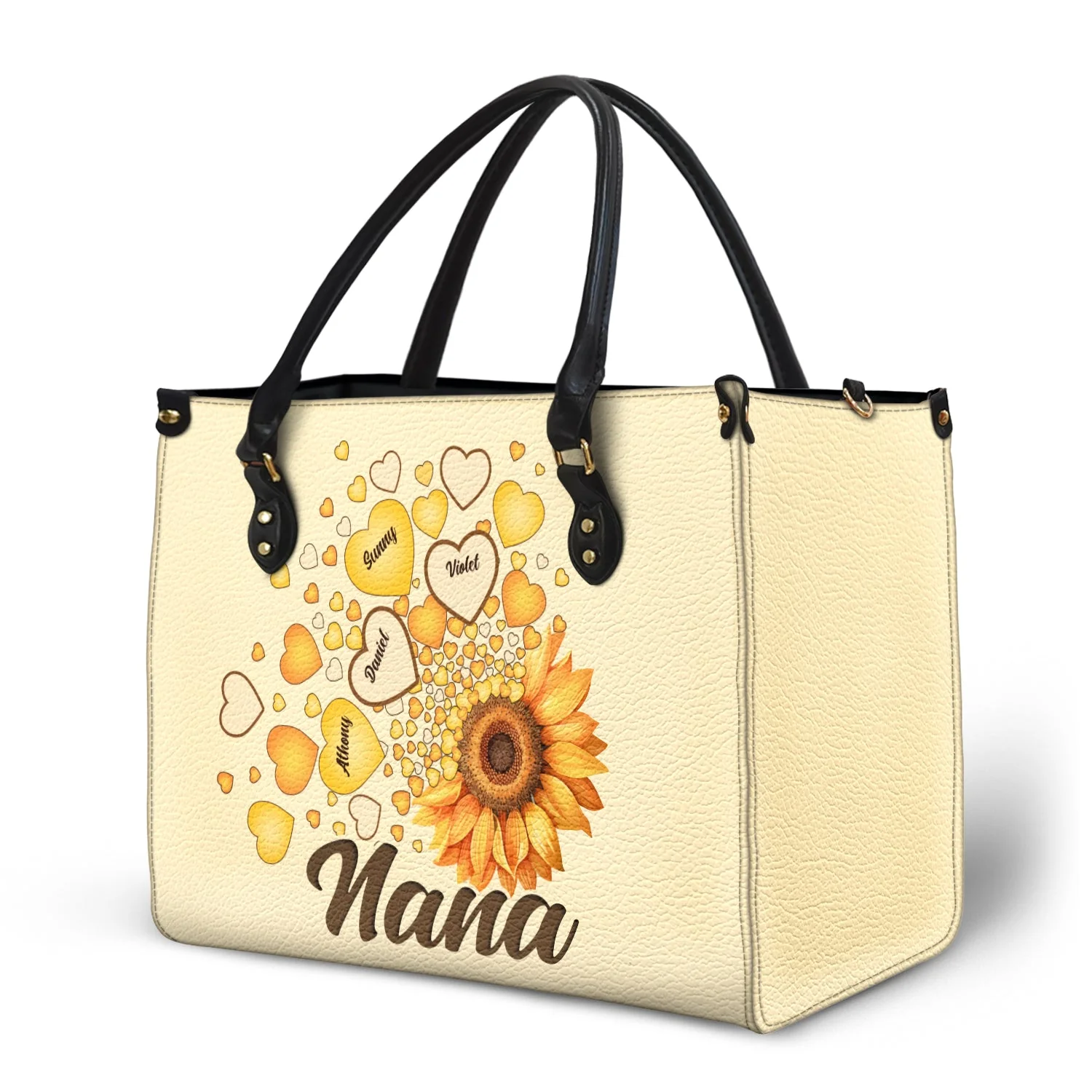 Grandma Mom Kids Sunflower - Gift For Mother, Grandmother - Personalized Leather Bag