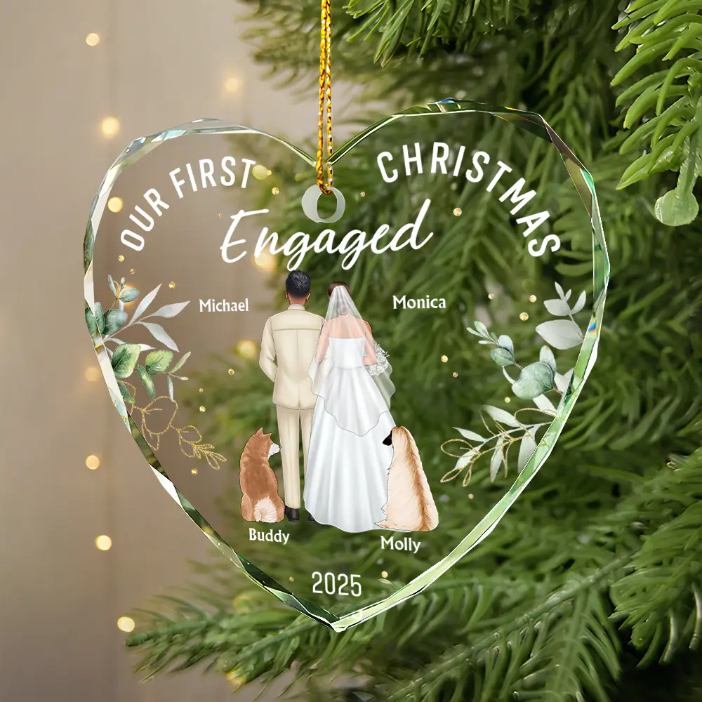 Our First Christmas As Mr & Mrs Wedding Couple Pet - Personalized Heart Shaped Glass Ornament
