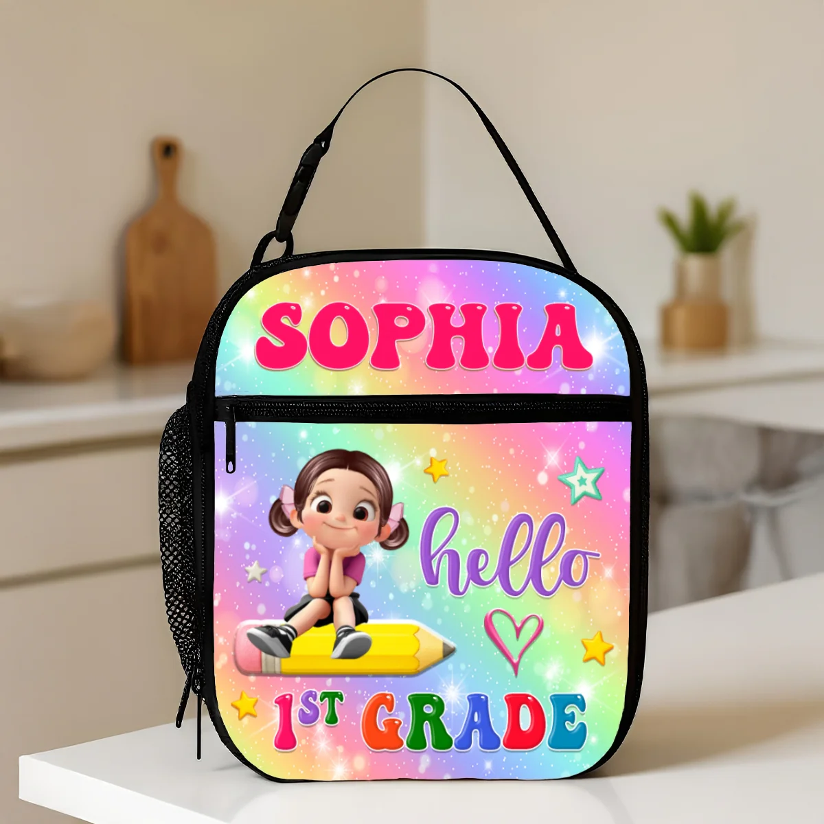 Kid Sitting On Pencil Personalized Insulated Kid Lunch Bag, Back To School gift