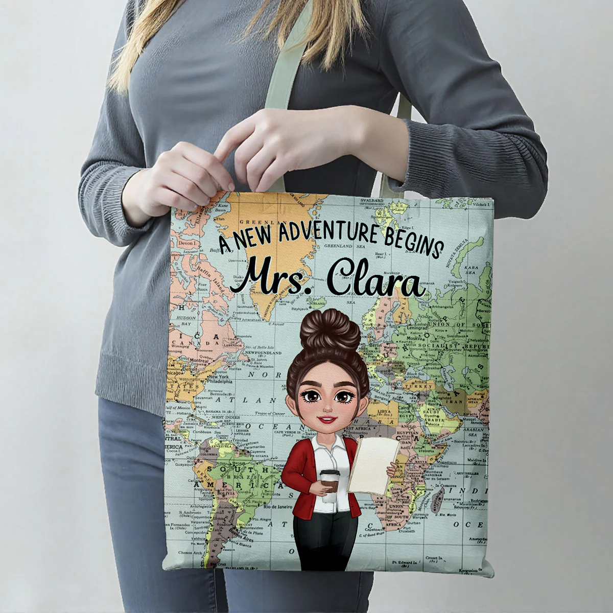 Teacher New Adventure World Map Theme Personalized Tote Bag, Back To School Gift For Teacher