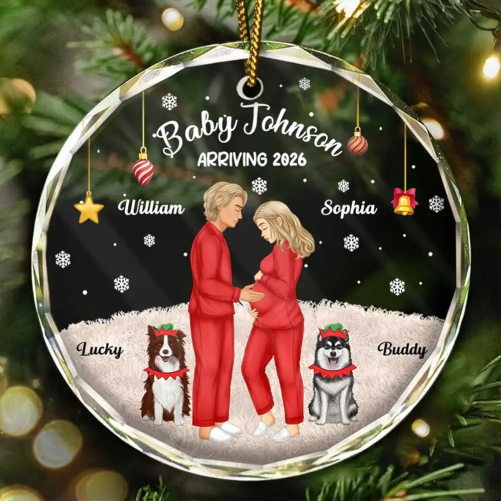 Expecting Parents Baby Arriving Dog Parents To Human Parents - Personalized Circle Glass Ornament