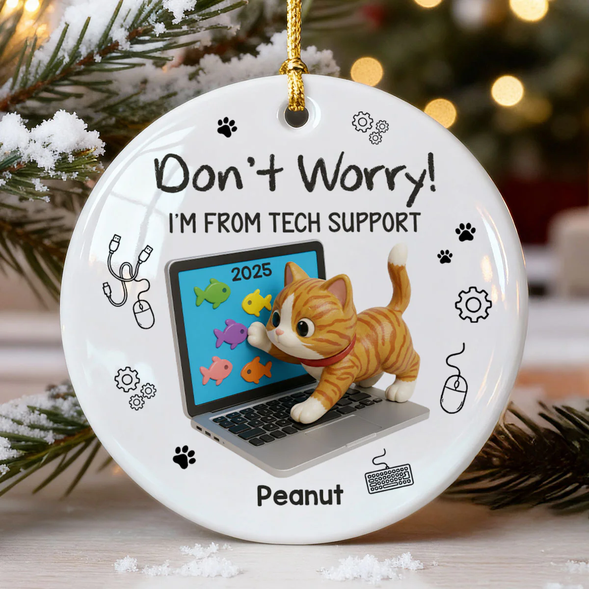 3D Effect Mischievous Kitten Tech Support - Personalized Ceramic Ornament - Gift For Cat Lovers