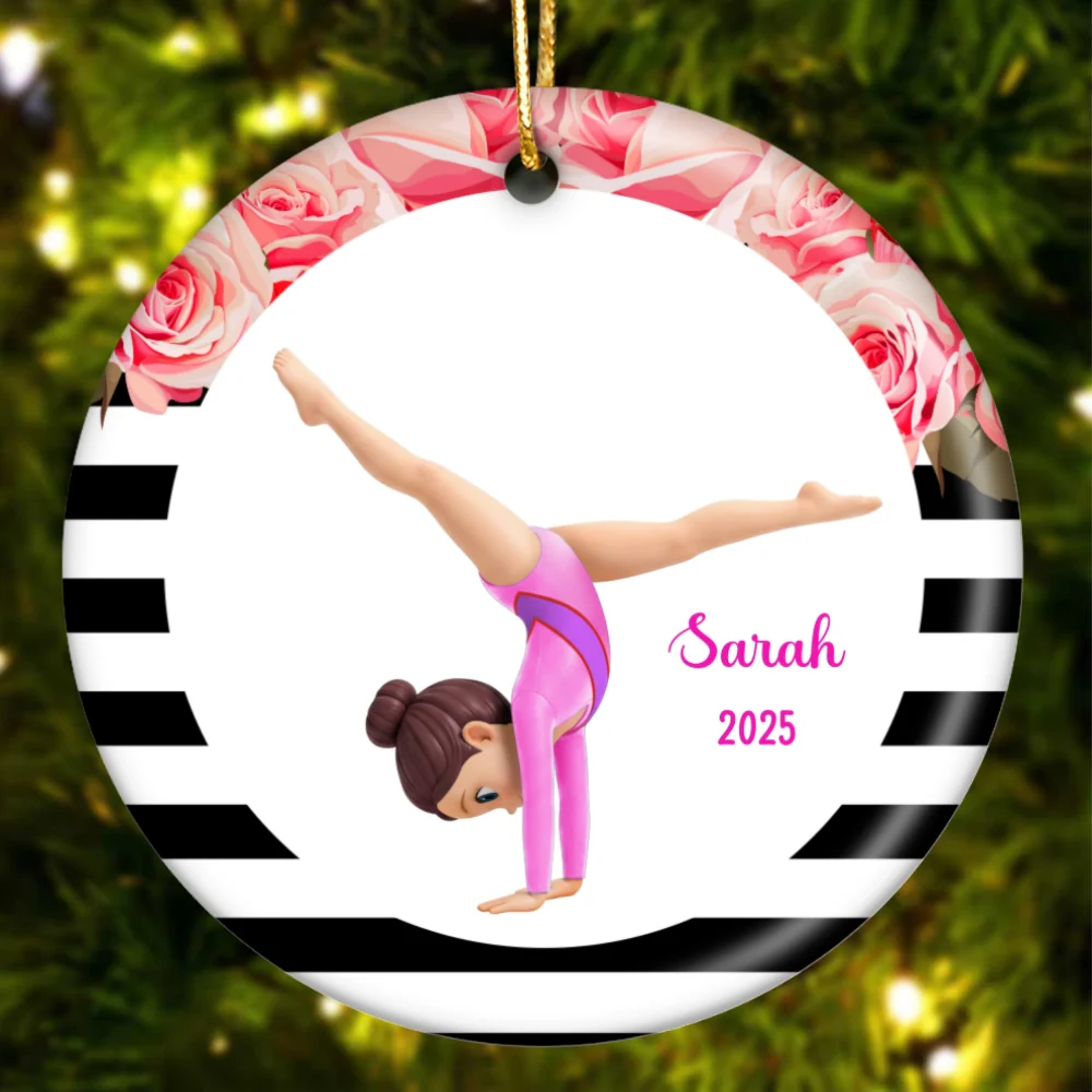 Floral Frame Gymnastic Girl - Personalized Ceramic Ornament - Gymnast Gift For Daughter, Granddaughter