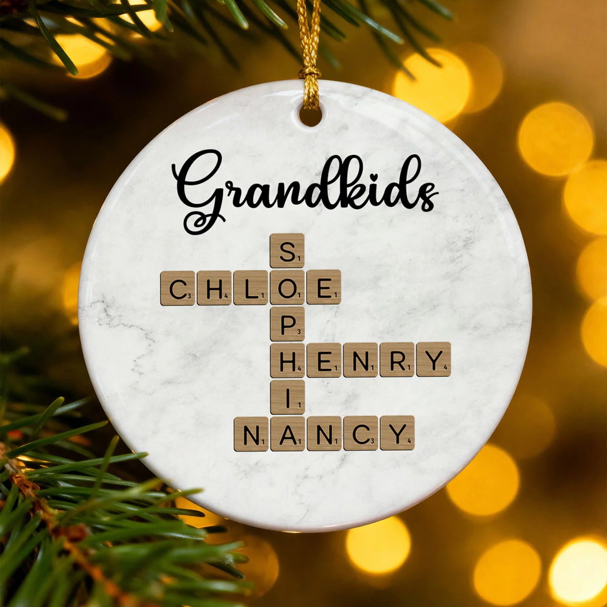 Grandkids Crossword Art - Personalized Ceramic Ornament - Sentimental Gift for Grandma Grandpa Grandkids