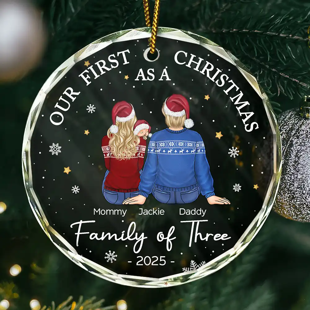 First Christmas As A Family Of Three New Parents - Personalized Circle Glass Ornament