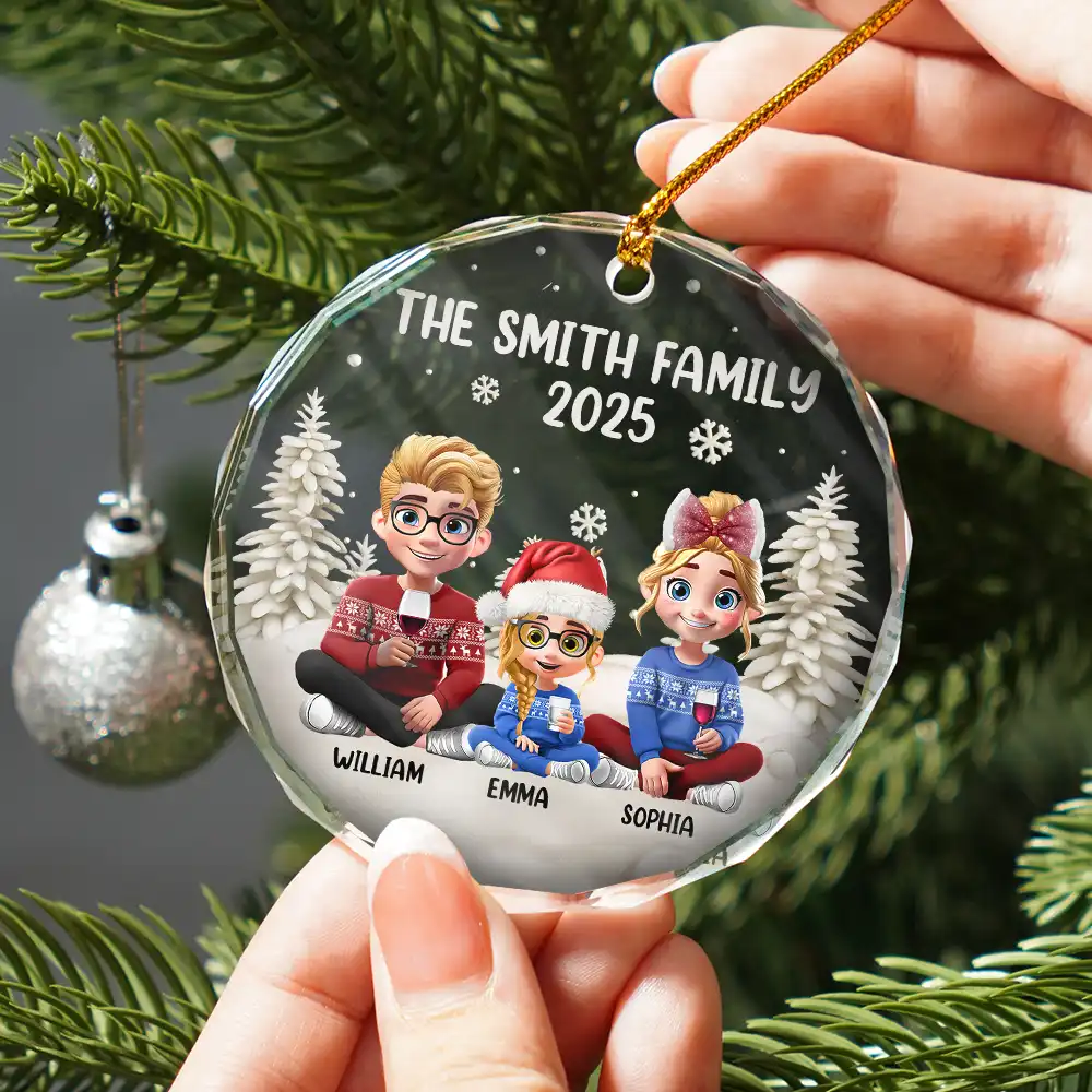 Family Kid Dog Cat - Personalized Circle Glass Ornament