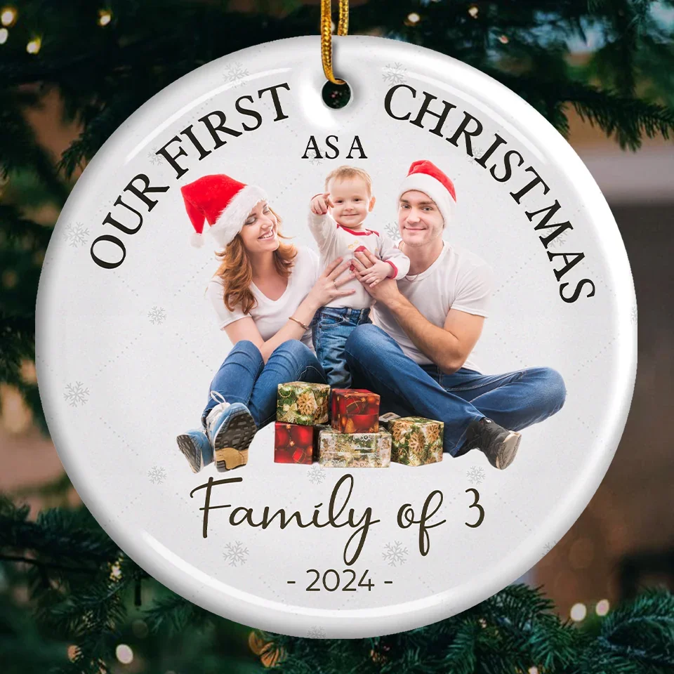 Custom Photo Our First Christmas As A Family - Family Personalized Custom Ornament - Ceramic Round Shaped - Christmas Gift For Family Members, First Christmas